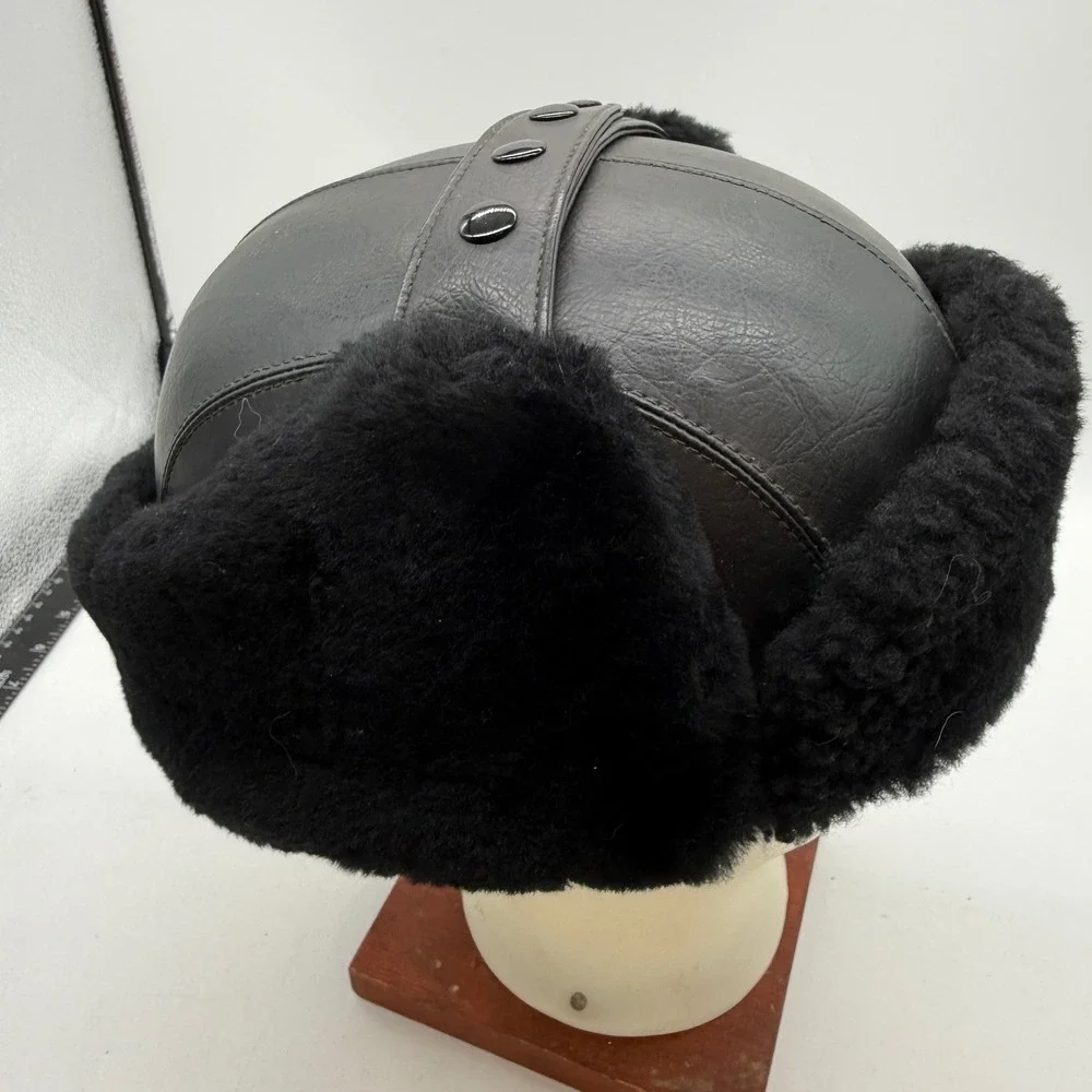 Wolverine Black Leather Trapper Hat Faux Fur Ear Flaps Water Repellent large